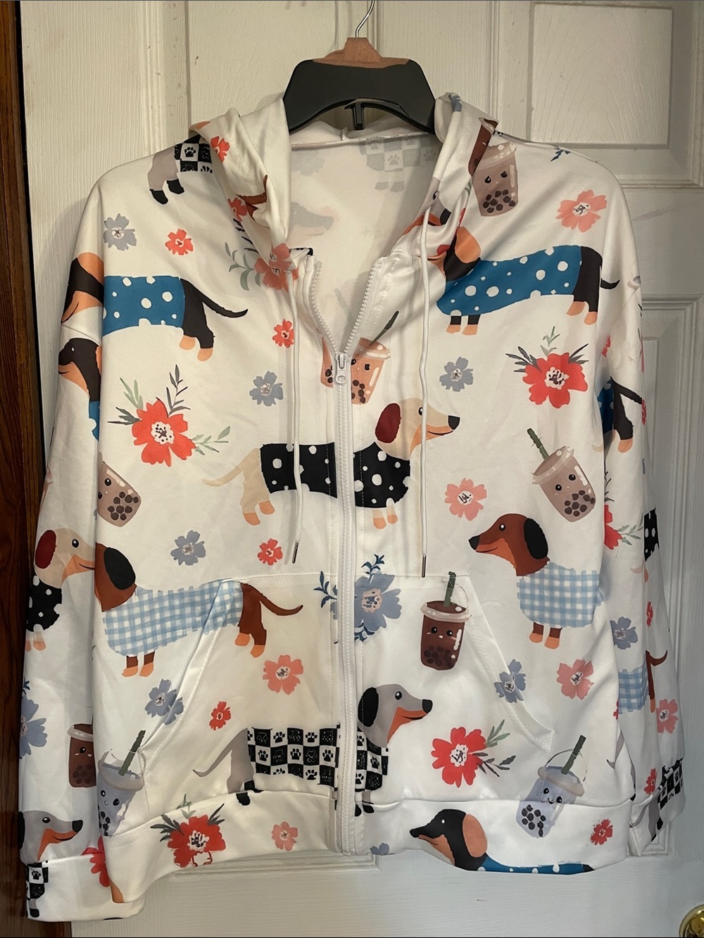 Source Unknown White Zip-Up Hoodie with Colorful Dachshund & Floral Print